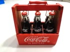 VINTAGE MINI COCA COLA WOODEN CARRIER WITH 6 GLASS BOTTLES WITH METAL CAPS