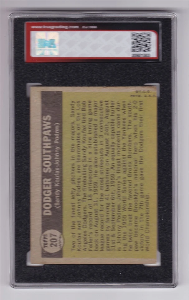 Tarjeta Topps Dodger Southpaws Sandy Koufax Johnny Podres 1961 207 grado KSA 5 Foto 2 de 2