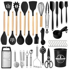 44-Pcs Kitchen Silicone Utensils Set with Heat Resist Baking Wooden Handle Black