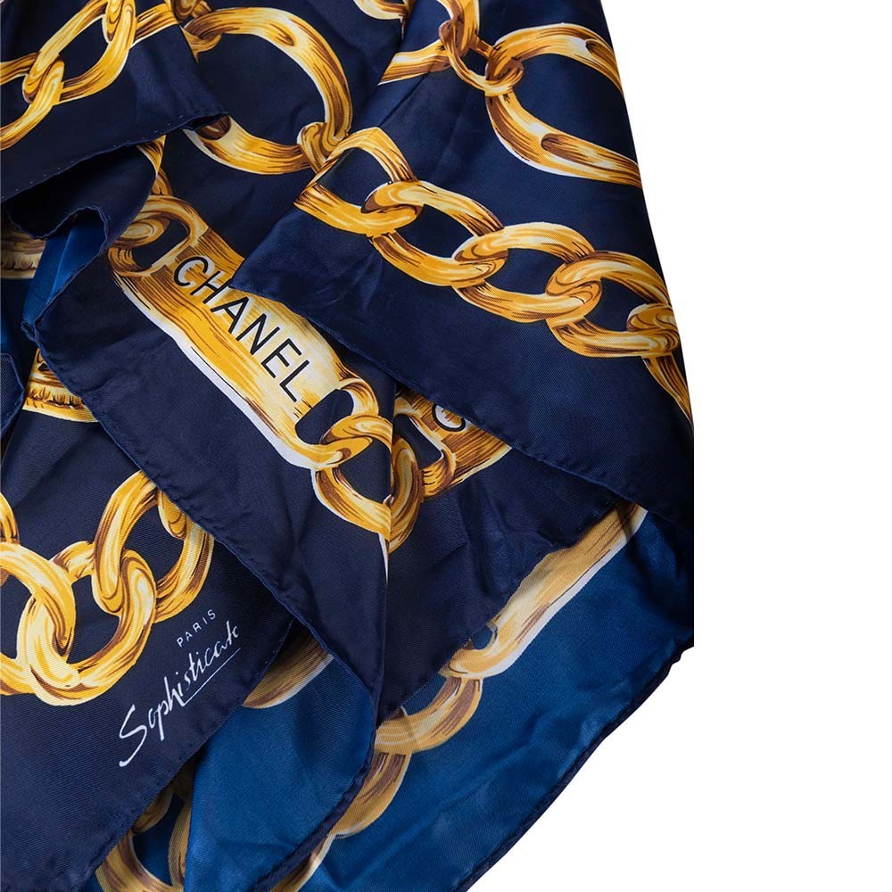 Chanel Gold Chain Medallion Silk Scarf Blue Carré 90 Vintage CC