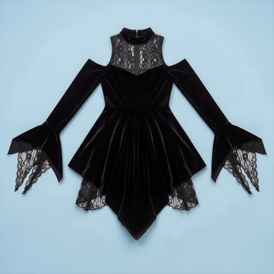 KILLSTAR Sz L Velvet Lace Trim Cold Shoulder Wicked Skater Dress Goth