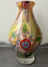 Murano Millefiori Multicolor Swirl Flower Art Glass Vase 11  No Chips Heavy