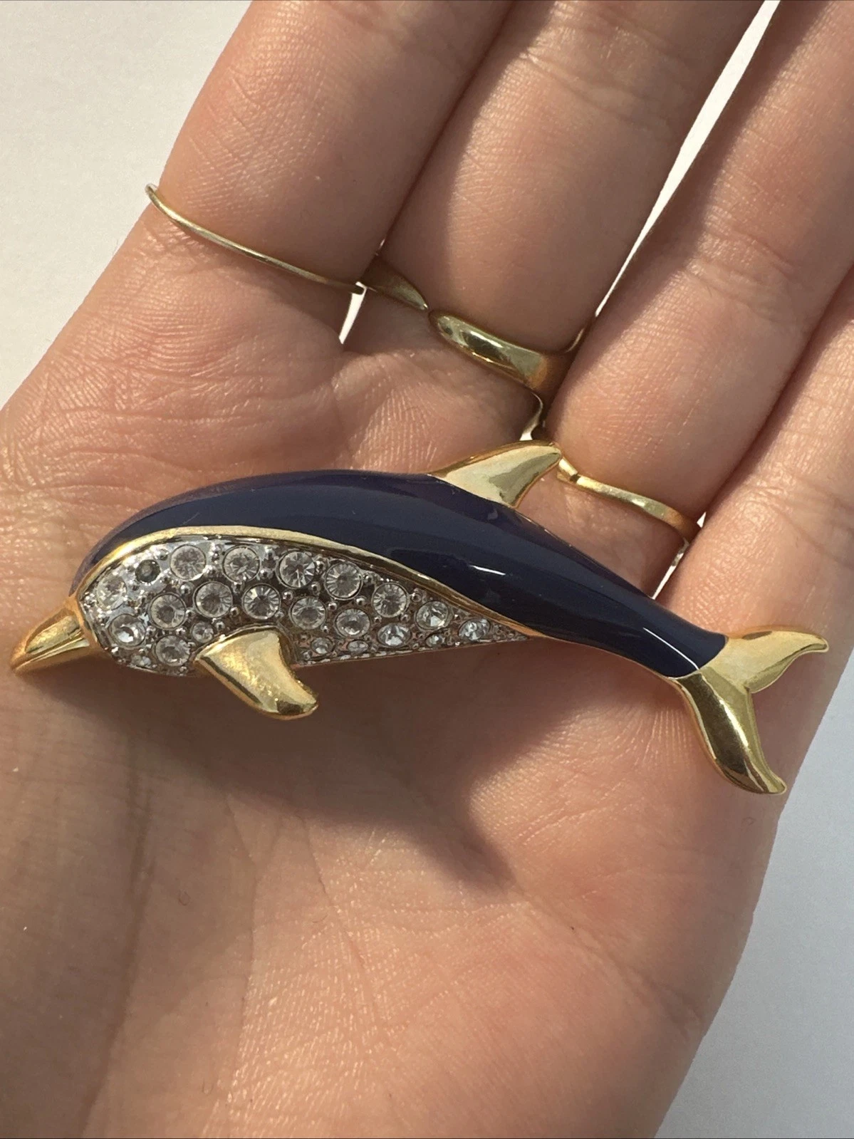 Broche Dauphin Bleu Et Doré Avec Strass Blanc Bijoux Fantaisie