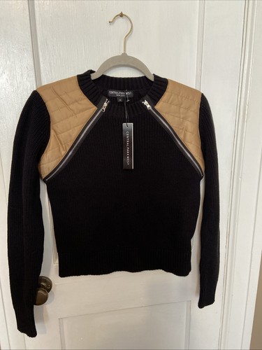 Central Park West Women Round Neck Sweater With Zipper Detail & Contrast Color