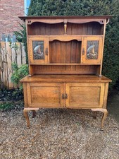Antique Arts & Crafts Oak Dresser / Sideboard with Copper Sailing Ship Panels