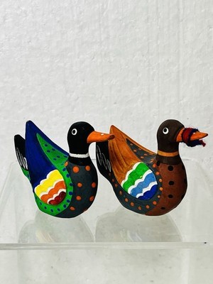 Korean Lucky Wedding Pair Marriage Ducks Set Hand Carved Wood Painted Vintage 