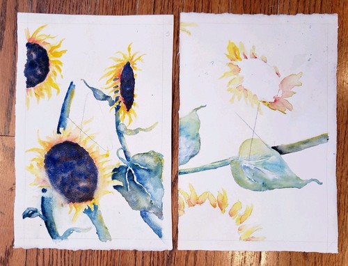 Set of 2 Original Watercolor M Bevarly Sunflowers Cotton Paper Unframed 10 x 6" - 第 8/9 張圖片