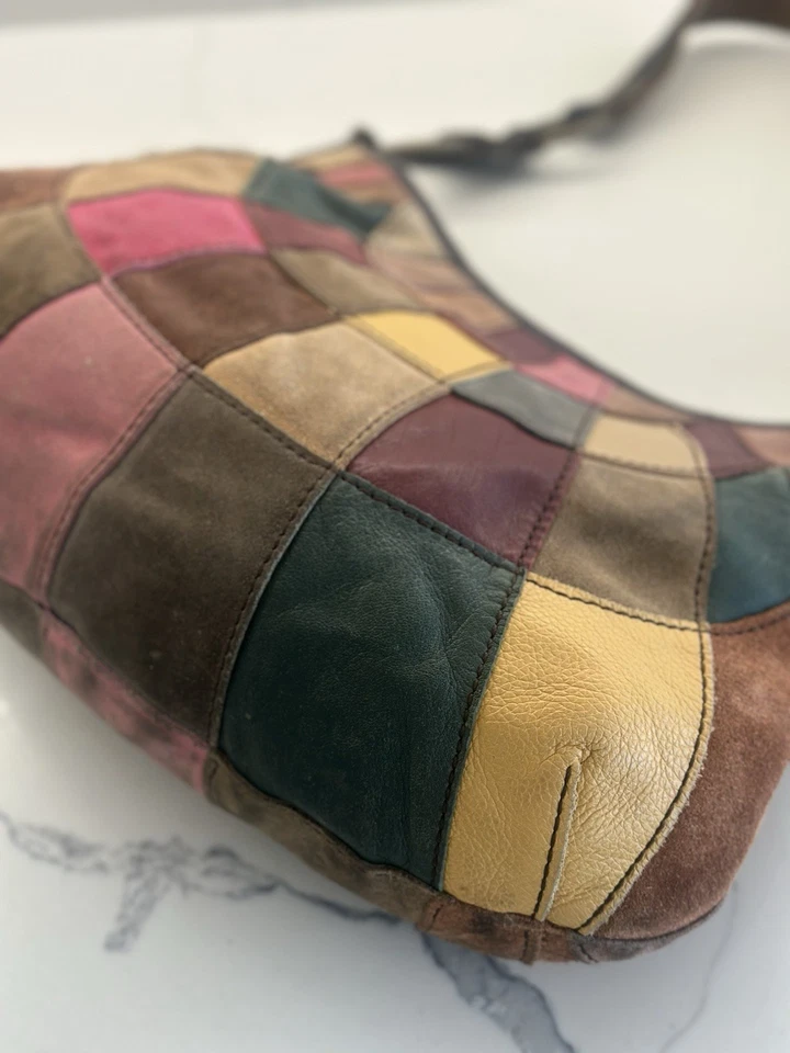 Y2K Lucky Brand Hobo Bag Multicolor Patchwork Suede Leather Purse Boho Colorful - Image 2 of 4