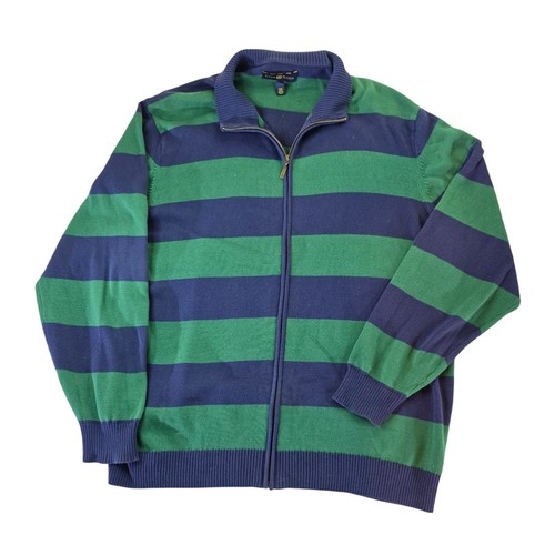 Club Room Sweater Mens XXL Blue Green Striped Full Zip Cotton Collared Knit