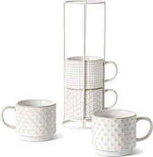 Stackable Coffee Mug Set with Stand, Ceramic Embossed Coffee Mugs