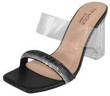 Top MODA Women Clear Block Mule High Heels Strap Bling Rhinestone VENICE-1 Black