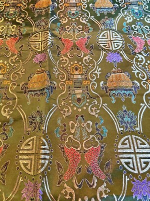 Vintage Chinese Silk Brocade Tablecloth Koi Fish Fire Pot 60s Green Gold 86x58.5