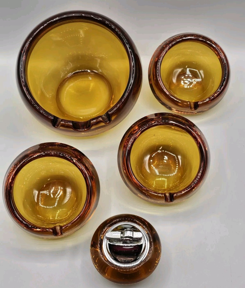 VINTAGE MCM Viking Glass 5 Piece Amber Ashtray & Lighter Set VINTAGE MCM Viking Glass 5 Piece Amber Ashtray & Lighter Set