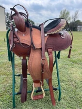 Adult Western Horse Barrel Saddle Basket Weave tooled With Tack set 15" to 18"