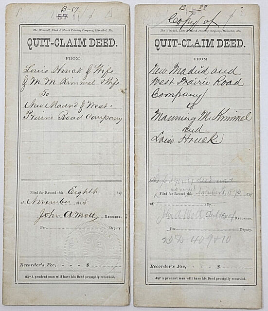 2 Railroad Deeds 1875 New Madrid and West Prairie Road Company Missouri - Kimmel