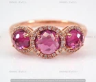 2 Ct Round Lab-Created Pink Ruby 3-Stone Halo Wedding Ring 14K Rose Gold Plated