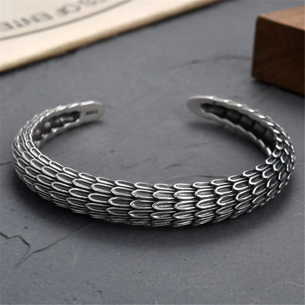 Pure S925 Sterling Silver Bracelet Men Women Dragon Scale Open Bangle  33-35g