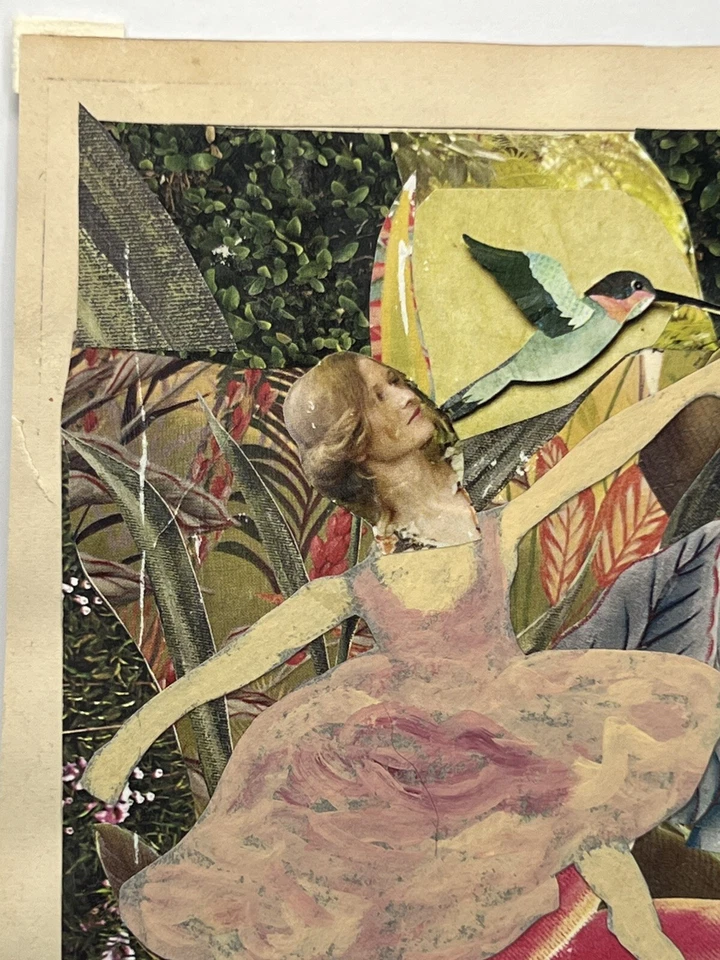 Sandra Pape Art Collage 10x8” Vestido Rosa Hada Bailando Flor Jardín Colibrí Foto 4 de 4