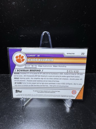 Cade Klubnik 2023 Bowman U Chrome Prospect refractor automático/499 RC #33 Clemson - Imagen 3 de 4
