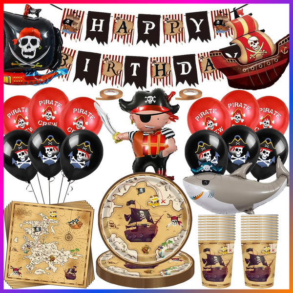Piraten Geburtstag Deko Set 80 Teile Mit Piratenschiff Folienballon Geschirr-image