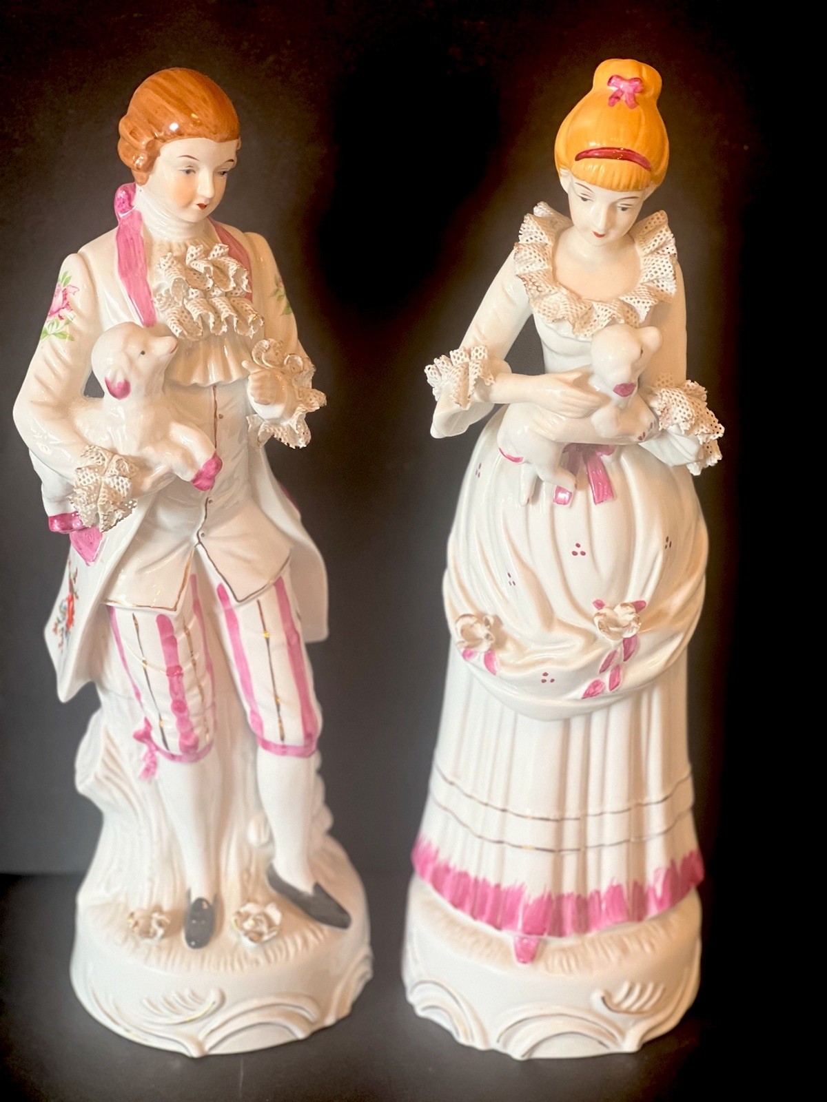 Mid Century Porcelain Large 14" Victorian Man And Woman Figurines Art Statues