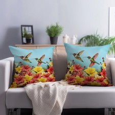 Hummingbirds Flowers Pillow Covers 18x18 Inch Spring Summer Bird Floral Throw...