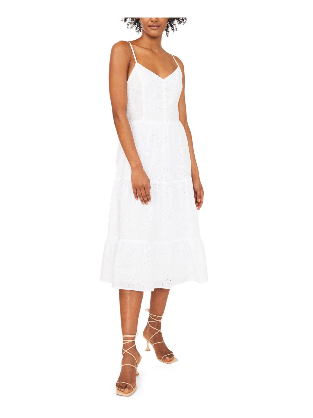 RILEY&RAE Womens White Adjustable Straps  Shirred Tiers Midi Dress 6