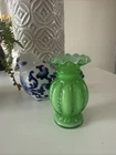 Fenton 4" Mini Beaded Melon Vase Green Overlay Round Ruffled Edge Pre Logo