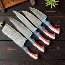 Chef Set 5 Pcs  Damascus Steel  Pakka Wood  Flag  Leather Sheath  D1151