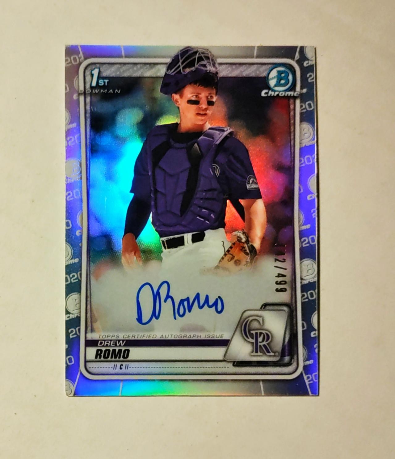 Drew Romo 2020 1st Bowman Chrome AUTO REFRACTOR 142/499 Orioles Draft Raw RC O6
