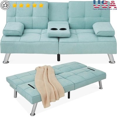 Convertible Futon Sofa Bed W/ Adjustable Backrest & Cupholders Small Spaces New