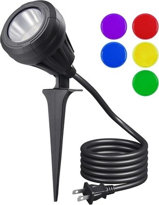 120V LED Outdoor Spotlight, 5 Extra Lenses RGB Purple Blue, 4.8W 5000K Plug i...