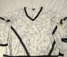 Market & Spruce Women's L White Black Floral V-Neck Long Sleeve Tunic Blouse