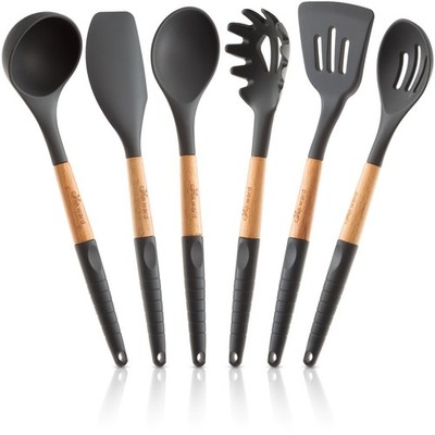 Cookward Kitchen Utensil Set (6 pcs) Silicone & Wood Cooking Tools Serving Spoon