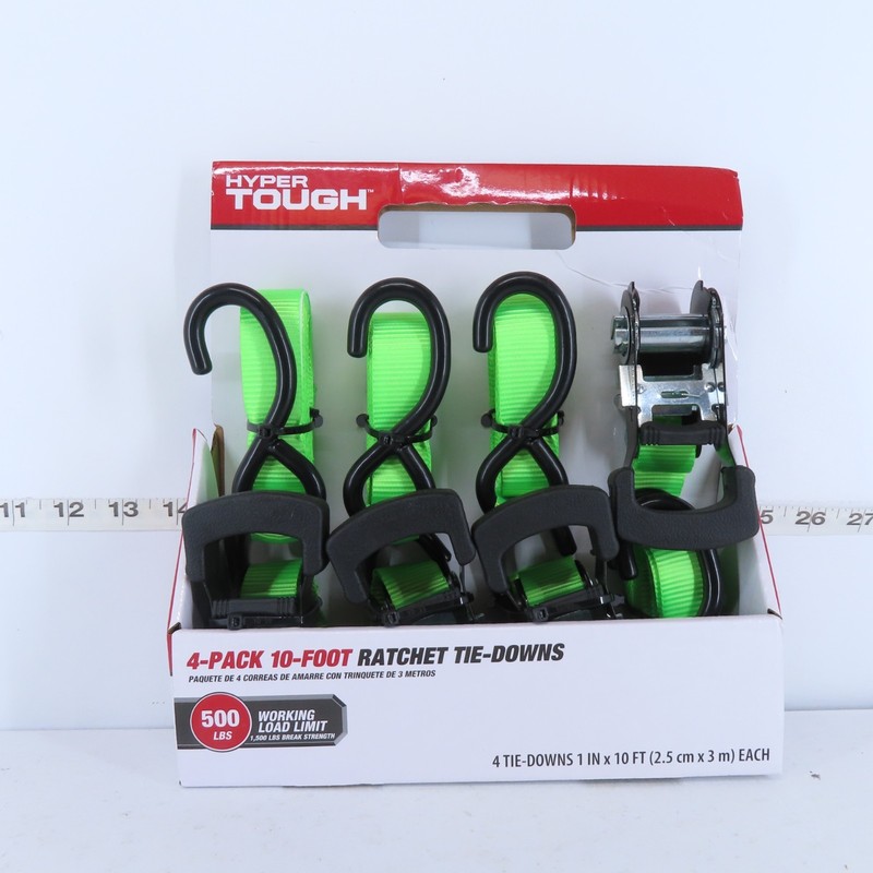 4 PACK HYPER TOUGH 1" X 10' 500 LBS RATCHET TIE DOWN STRAPS W/ S-HOOKS