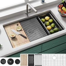 33" Stainless Steel Undermount Single Bowl Kitchen Sink Basin Bar Workstation