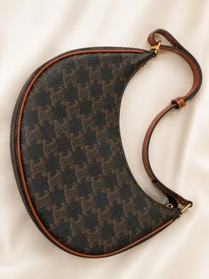 Celine Ava Brown Monogram Small Crescent Shoulder Bag, Zip Closure,