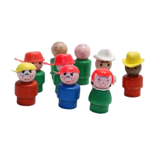 Vintage Fisher Price Little People Lot 9 Figures Wood Base Sideways Hat Boy More