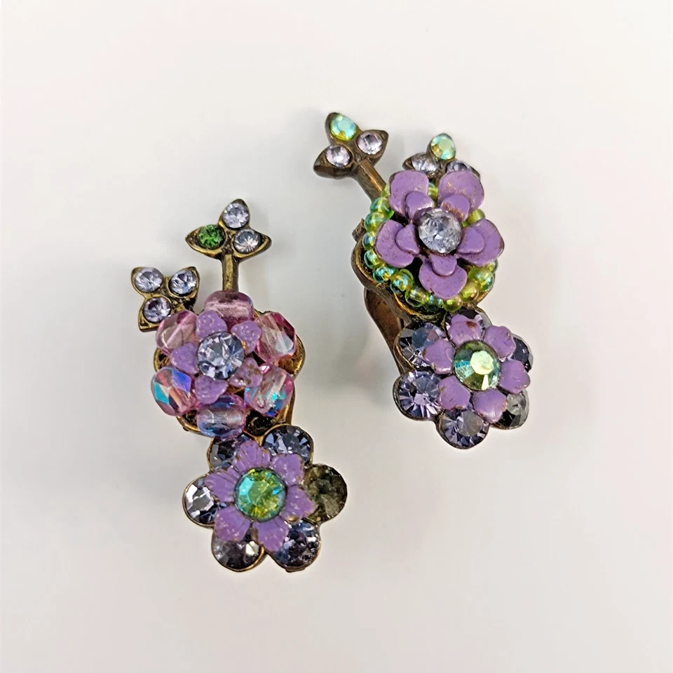 Pendientes Clip Floral Michal Negrin Cristal Verde Púrpura AB Vintage Renacimiento De Colección Foto 2 de 4