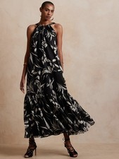 Banana Republic Fino Ramie Black Floral Low Back Tiered Maxi Dress M Oversized