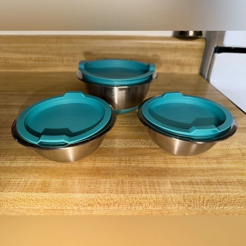 Set of 3 Tramontina Stainless Steel Mixing Bowls with Teal Lids