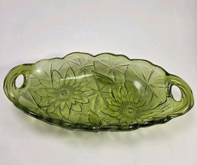Vintage Indiana Glass Lily Pons Green Depression Glass Serving Dish Floral 