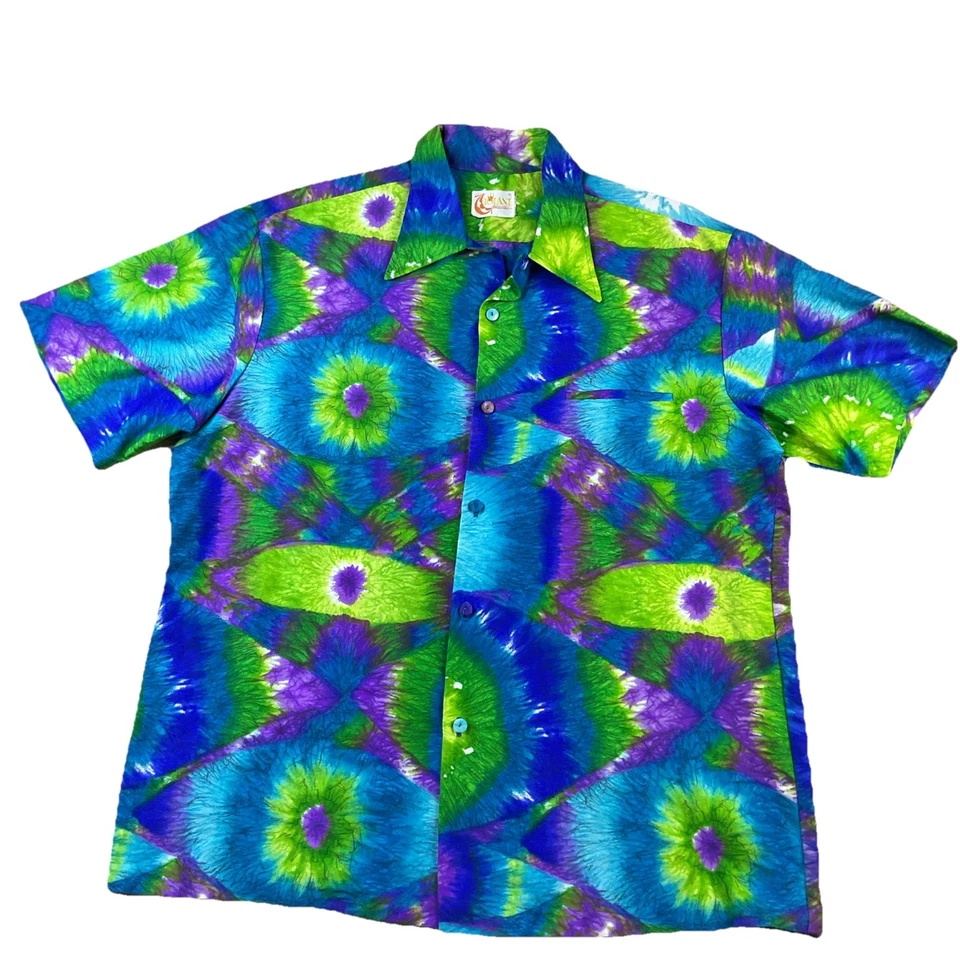 Camisa Hawaiana Iolani De Colección Años 60 70 Abotonada Psicodélica Vibrante Hombres XL RARA Foto 3 de 4