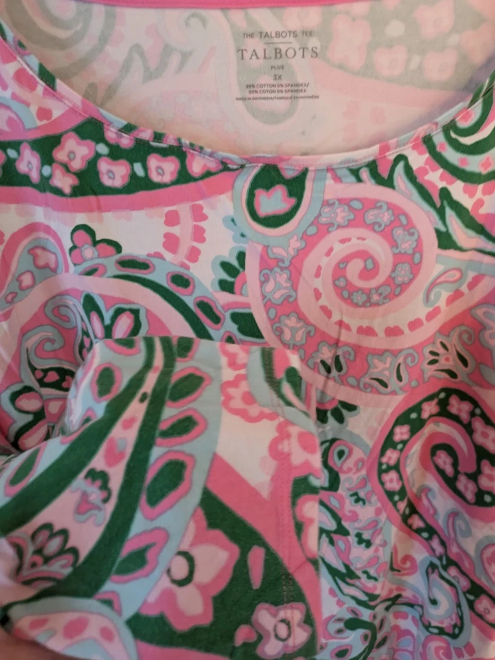 Camiseta The Talbots 3X Estampado Paisley Manga 3/4 Rosa Turca Blanco Algodón/Spandex Top Foto 4 de 4
