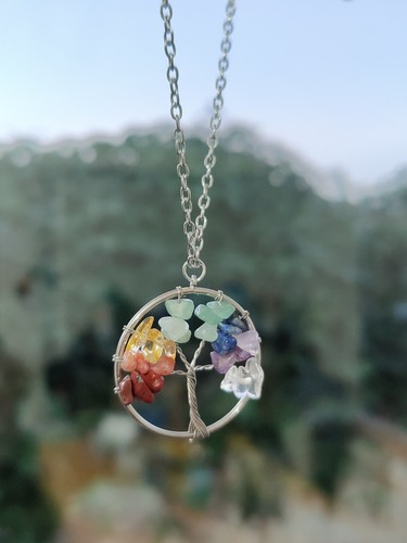 7 Chakra Gemstone Silver Pendant Tree of Life Necklace Natural Stone Ideal Gift - Picture 3 of 7