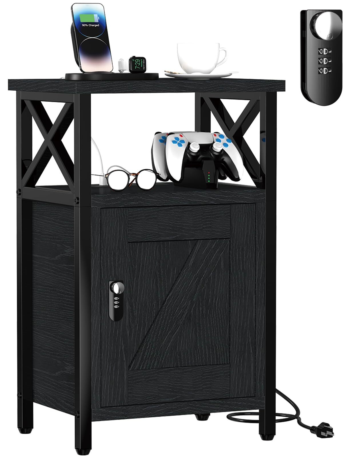 Wooden Nightstand with USB Charging Station and 2 Drawers Bedside Table