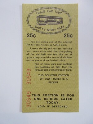 c1960 Knott's Berry Farm Cable Car Tour Ride full Ticket 