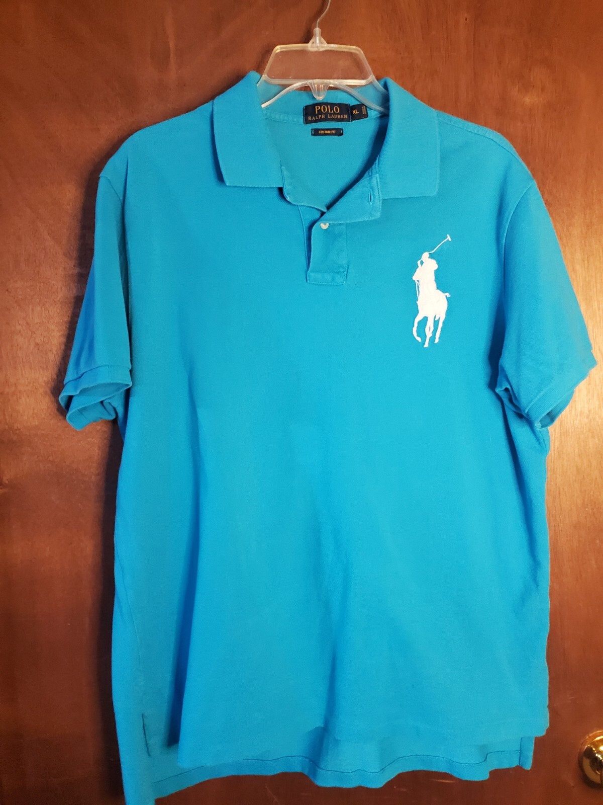 Polo Ralph Lauren Custom Fit Uomo Taglia XL Camicia Manica Corta Blu Acqua LG. Pony