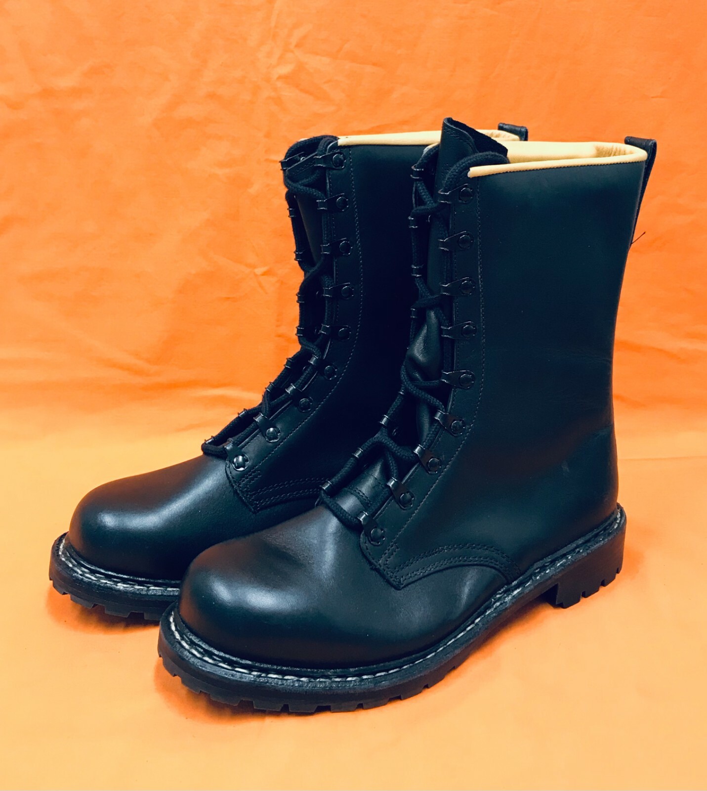 Vintage German Military Black Leather Boots Size 10 Gem