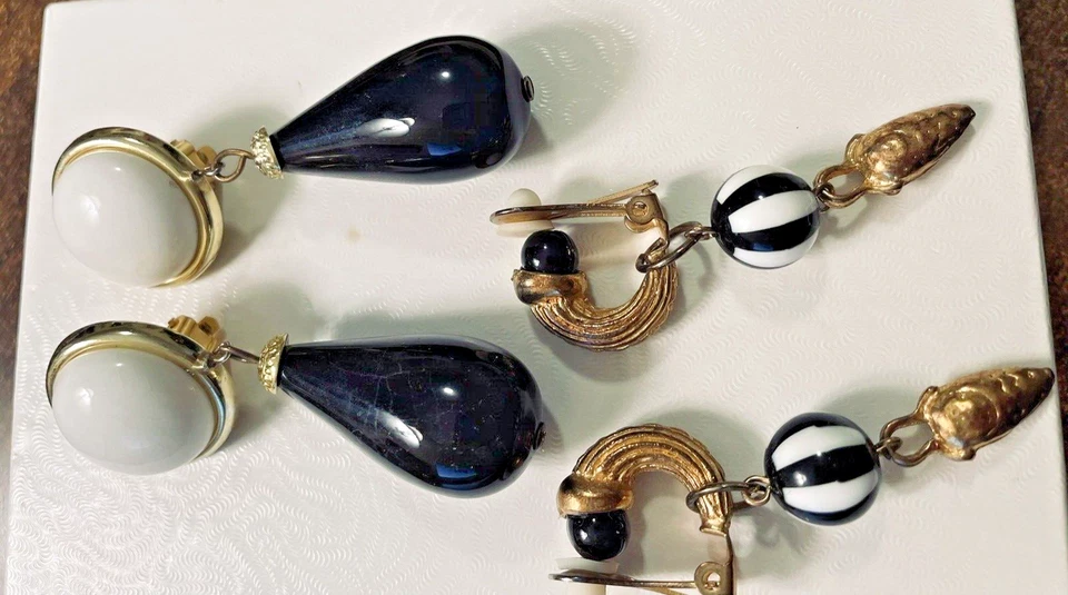 Retro Clip-on Earrings Etruscan Revival Stripe Bead + White & Black Drop Clipon - Image 3 of 4